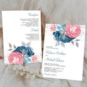 Convite Rosa Corado Poeira Azul Floral Tudo em Um Casament