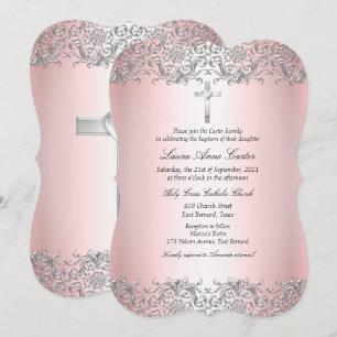 Convite Rosa Corado Prata Damask Cruz Batismo Batizado