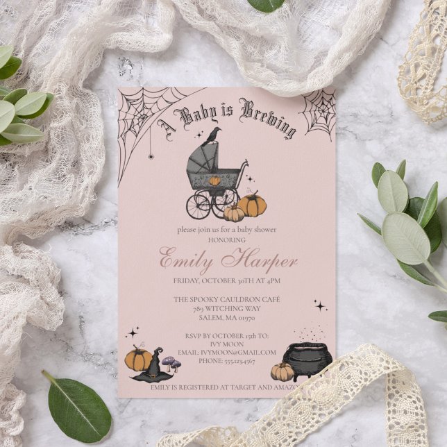 Convite Rosa Corado Um Bebê Está Sendo Preparado Festa de  (Elegant and Spooky Victorian Baby Carriage Custom Baby Shower Invitattion in a Chic Blush Pink.)