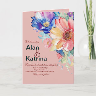 Convite Rosa Coral Floral Ousado Dobrado Casamento
