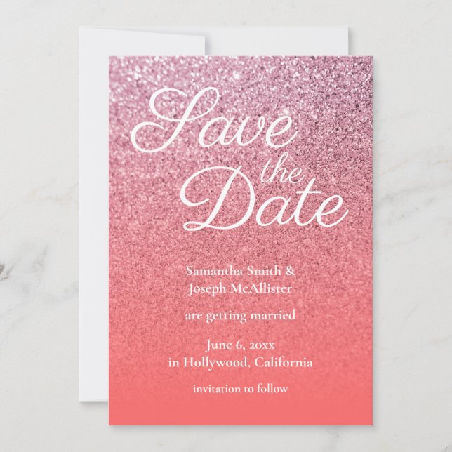 Convite Rosa Coral Glitter Ombre Salve a Data (Frente)