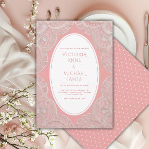 Convite Rosa Coral Renda Casamento Vintage Caprichoso