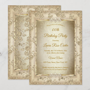 Convite Rosa Damasko Bege Vintage dourado antigo Festa de 