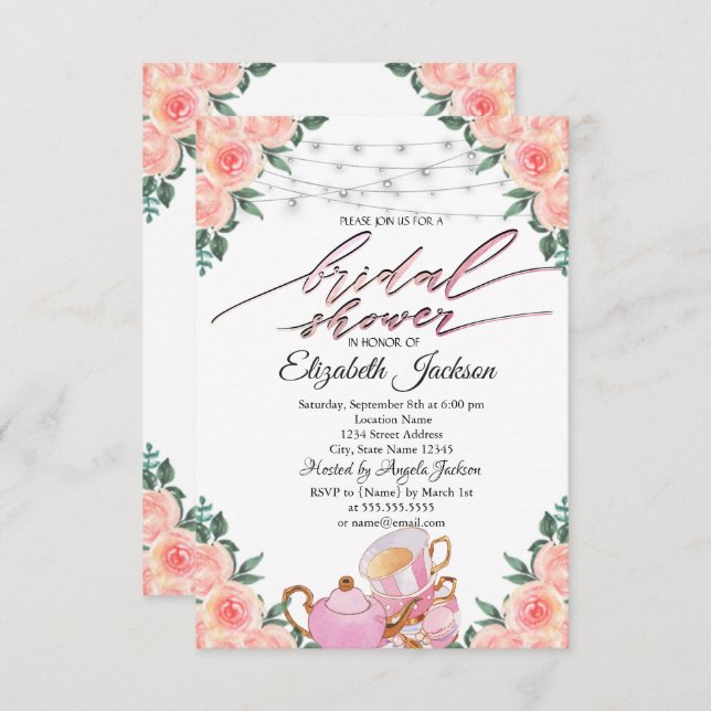 Convite Rosa das luzes das linhas do chalé Macaron (Frente/Verso)