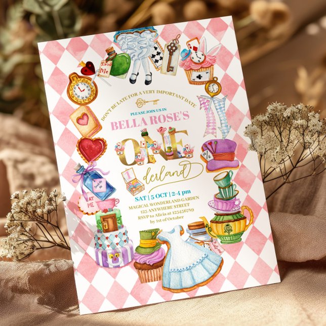 Convite Rosa de 1º aniversário da Alice no País da (Criador carregado)
