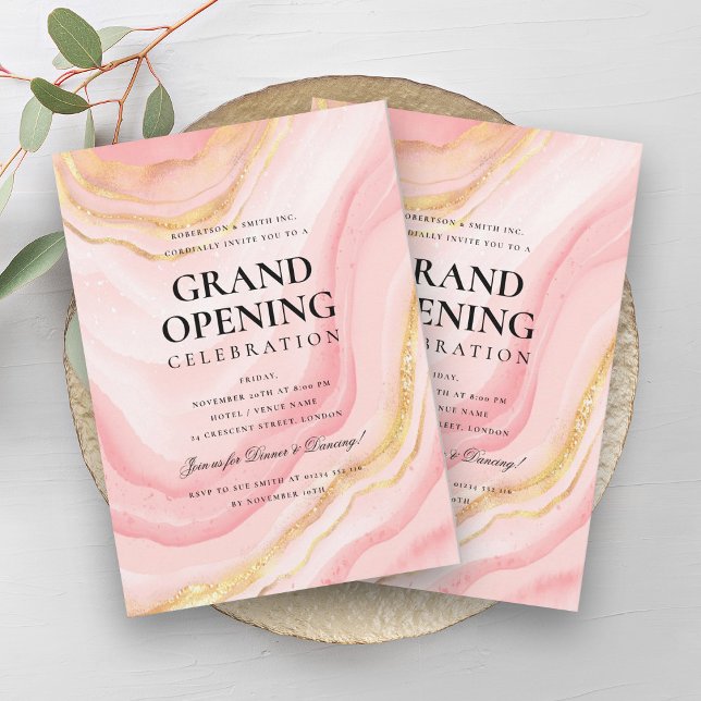 Convite Rosa de Abertura Formal Lente Dourada do Mármaco (Formal Grand Opening Rose Gold Marble Glitter Invitation)