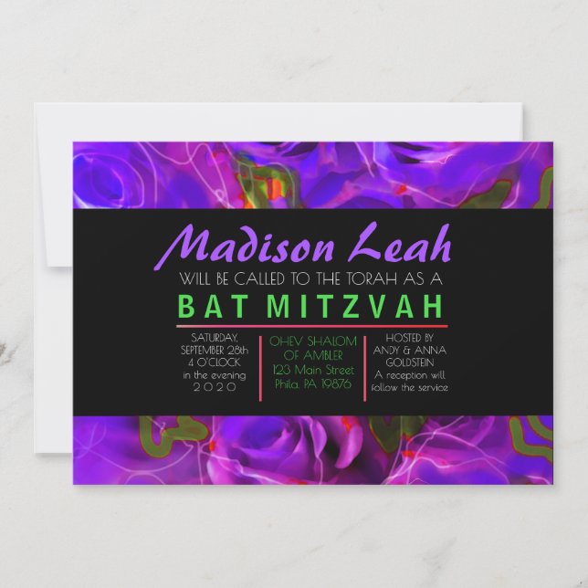 Convite Rosa DE ÁGUA NEON Bat Mitzvah (Frente)