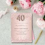 Convite rosa de aniversário de 40 anos dourado gotejamento<br><div class="desc">Um convite moderno, na moda e glamouroso para um aniversário de 40 anos. Um fundo rosa de ouro com gotejamento, pintura com aspecto. O nome é escrito com um moderno e escuro, rosa dourado, escrito com letra de estilo manuscrito. Personalize e adicione os detalhes da sua festa. O número 40...</div>