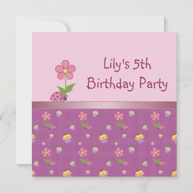 Convite Rosa de Aniversário de 5 anos da Ladybug (Frente)