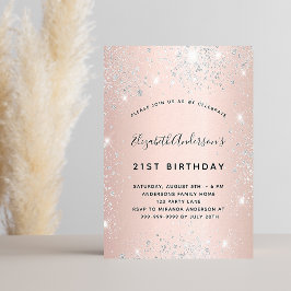 Convite Rosa de aniversário luxo brilhante prateado
