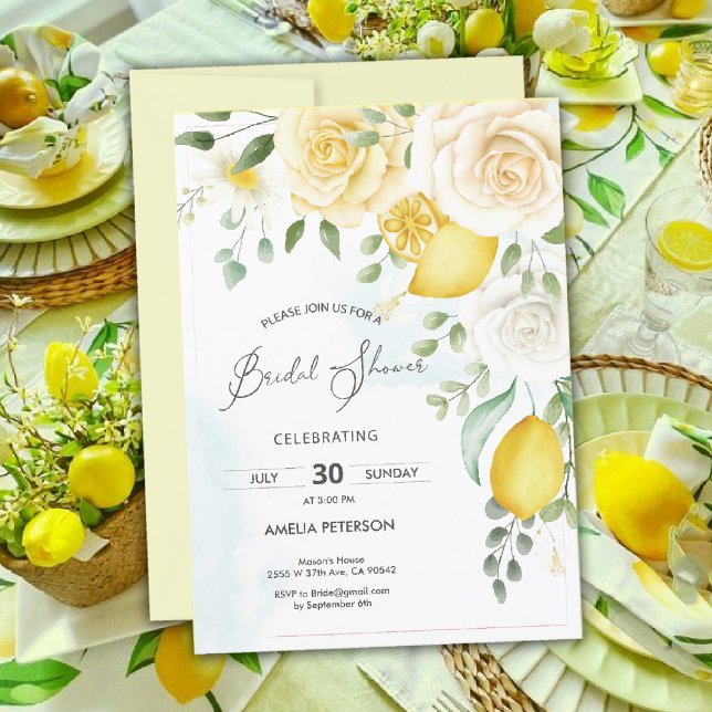 Convite Rosa de Aquarela Amarela e chá de panela de limão (lemon bridal shower Invitation)