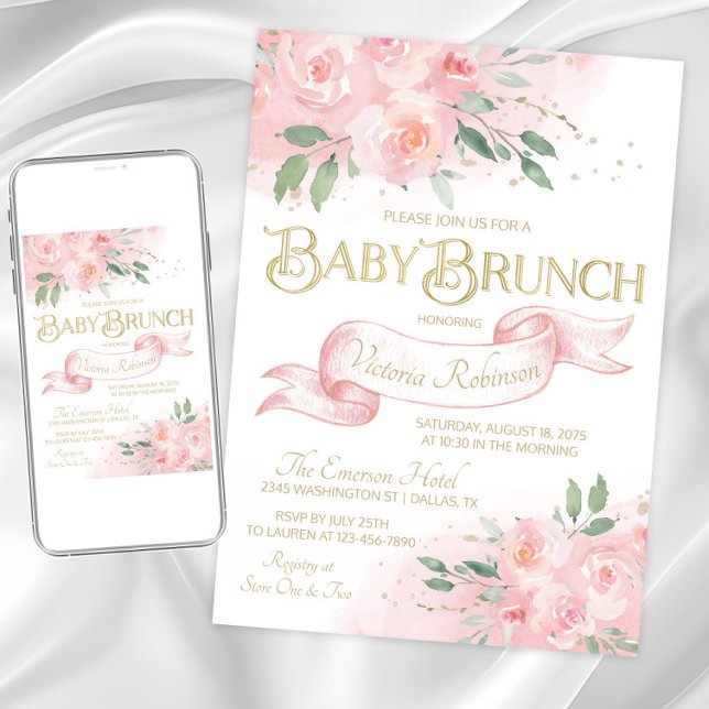 Convite Rosa de aquarela rosa Brunch Chá de fraldas (Pretty blush pink baby brunch invitation. Instant download and printed invitations available.)
