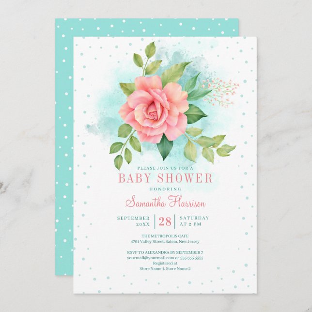 Convite Rosa de Aquarelas Florais de Ombre Verde Rosa (Frente/Verso)