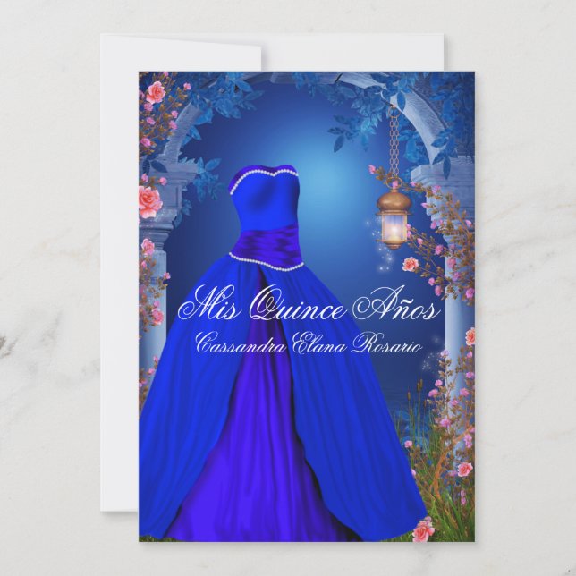 Convite Rosa de Azul Real Quinceanera (Frente)
