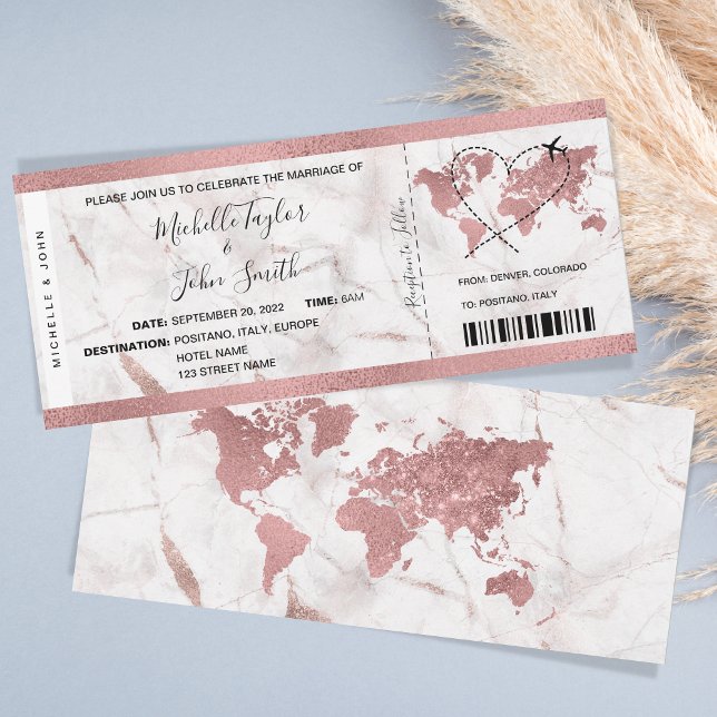 Convite Rosa de Bilhete de Passagem de Embarque de Destino (rose gold world map boarding pass)
