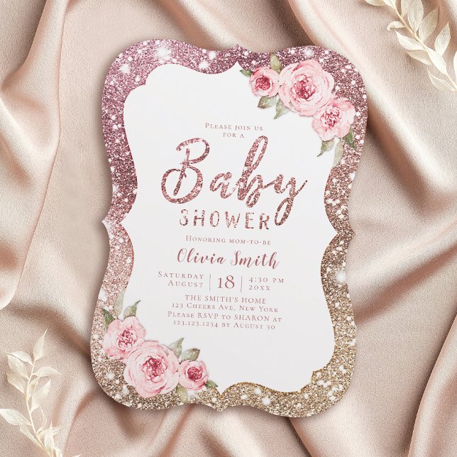 Convite Rosa de brilho dourado e chá de fraldas floral (Sparkle rose gold glitter and floral baby shower invitation)