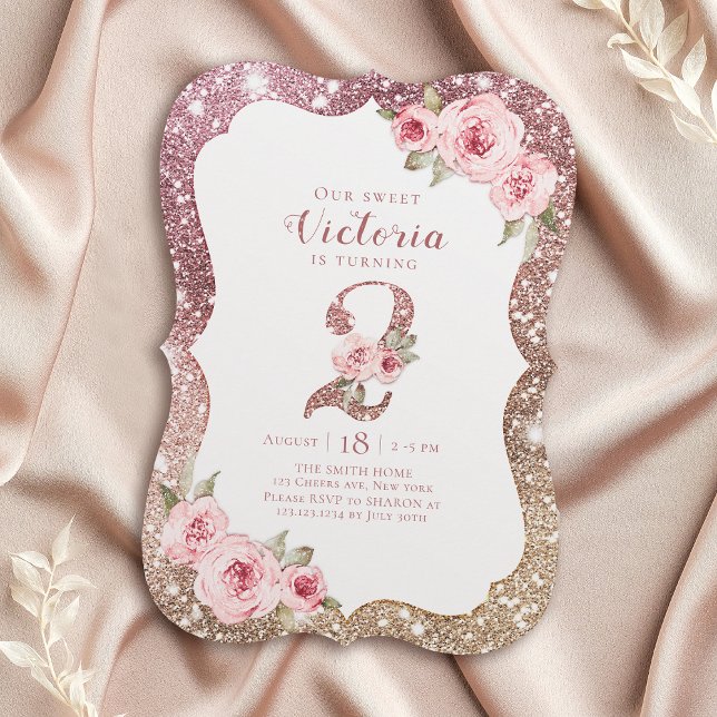 Convite Rosa de brilho dourado e segundo aniversário flora (Sparkle rose gold glitter and floral 2nd birthday invitation)