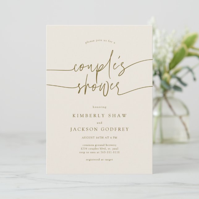 Convite Rosa de Casal Minimalista Script Creme (Em pé/Frente)