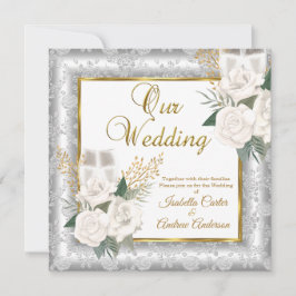 Convite Rosa de Casamento Champagne Dourada Silver Damask