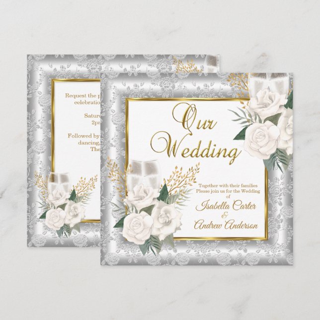 Convite Rosa de Casamento Champanhe Dourado Prata Damask (Frente/Verso)