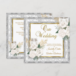 Convite Rosa de Casamento Champanhe Dourado Prata Damask