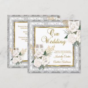 Convite Rosa de Casamento Champanhe Dourado Prata Damask