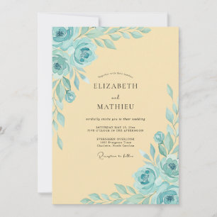 Convite Rosa de Casamento Romântica em Aquarela Amarela Pá