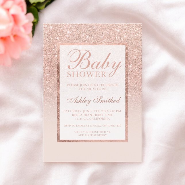 Convite Rosa de,,, Chá de fraldas chic elegante (Faux rose gold glitter elegant chic Baby shower Invitation)