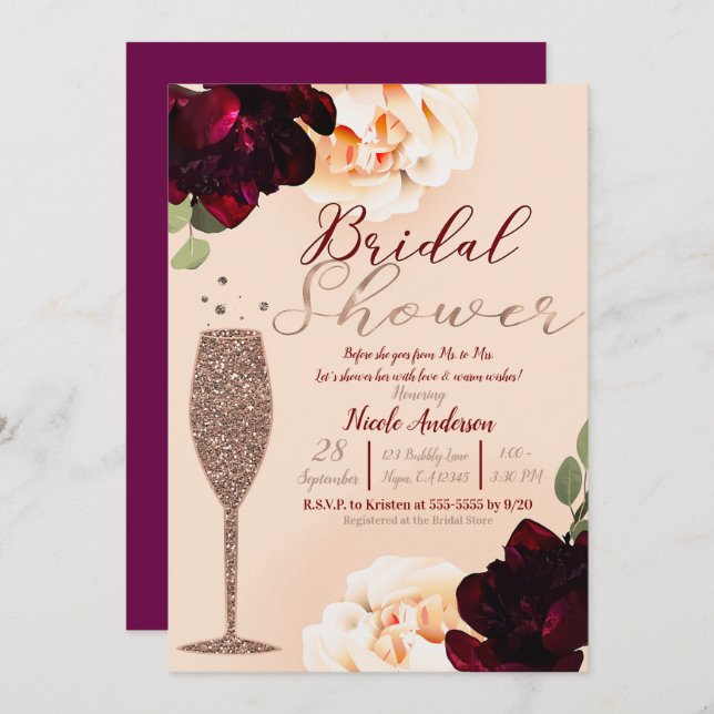 Convite Rosa de Champanhe Chá de panela Floral Dourado Pea (Frente/Verso)