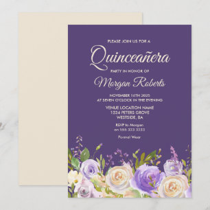 Convite Rosa de Champanhe Flores Roxas Partido Quinceanera