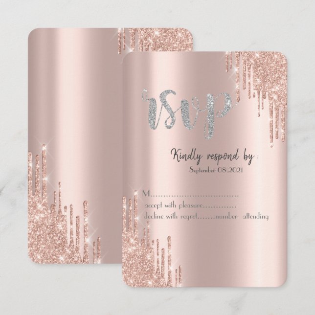 Convite Rosa de chip Glitter Dourado Drives Silver RSVP (Frente/Verso)