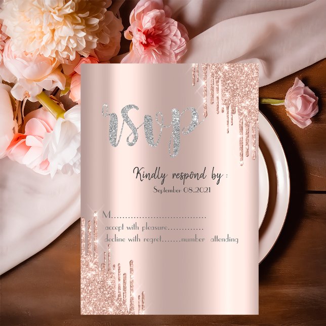 Convite Rosa de chip Glitter Dourado Drives Silver RSVP (Criador carregado)