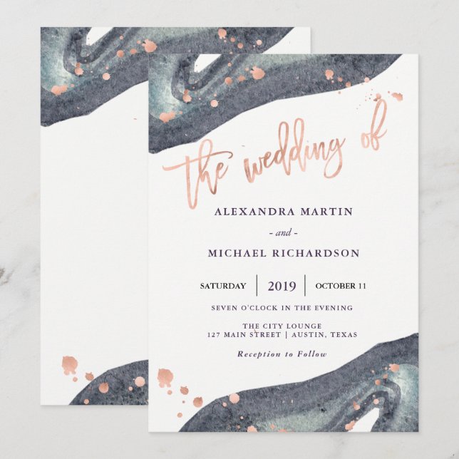 Convite Rosa de Cinza de Aquarela Dourada| Casamento (Frente/Verso)