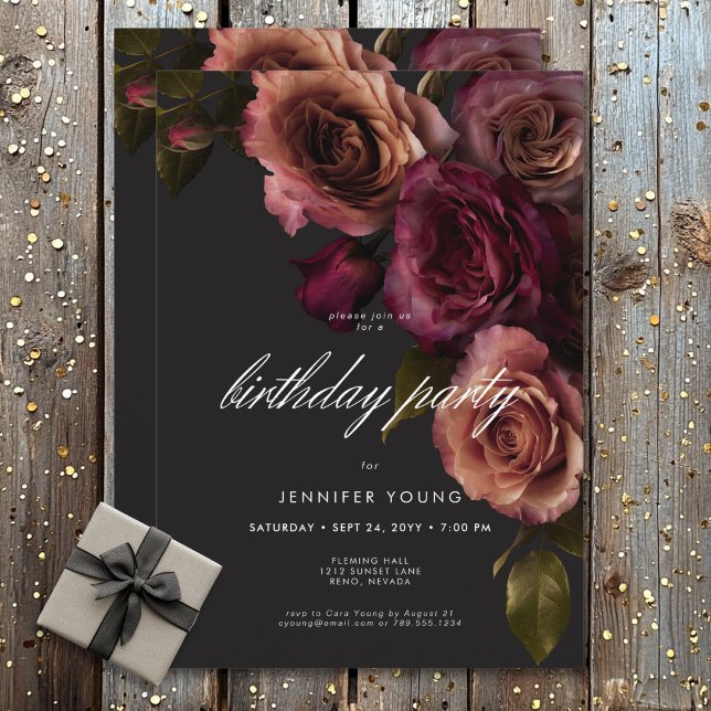 Convite Rosa de crosta de moody escuro Aniversário (Dark Moody Burgundy Rust Rose Blooms Birthday Invitation)