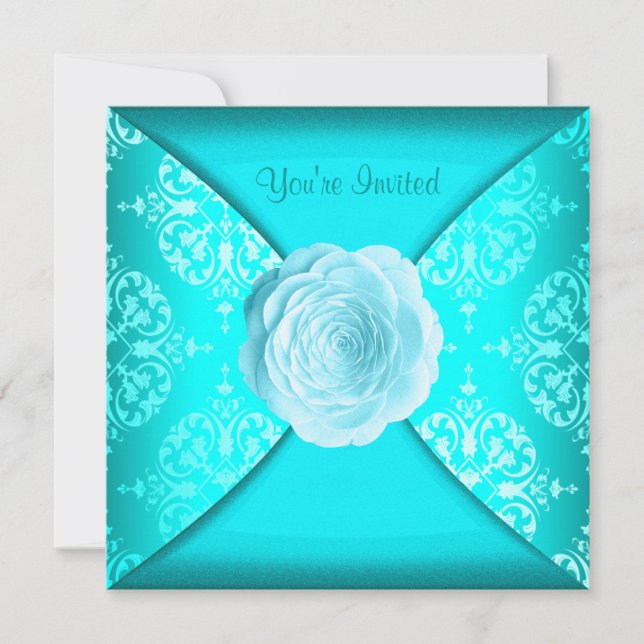 Convite Rosa de Damasco Azul Turquesa para Todas as Ocasiõ (Frente)