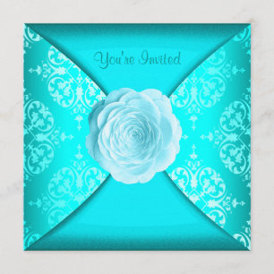 Convite Rosa de Damasco Azul Turquesa para Todas as Ocasiõ