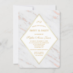 Convite Rosa de Diamante Elegante Dourado Marble SWEET 16