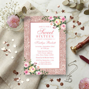Convite Rosa de Elegante Doce Floral Dourado 16 Aniversári
