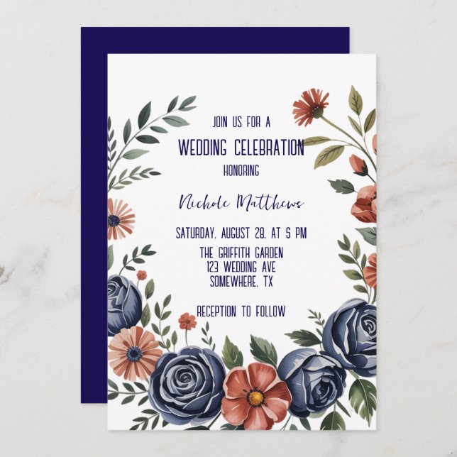 Convite Rosa de Elegante e Casamento de Coral (Frente/Verso)