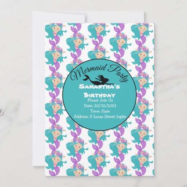 Convite Rosa de Festa de Sereia Azul (Frente)