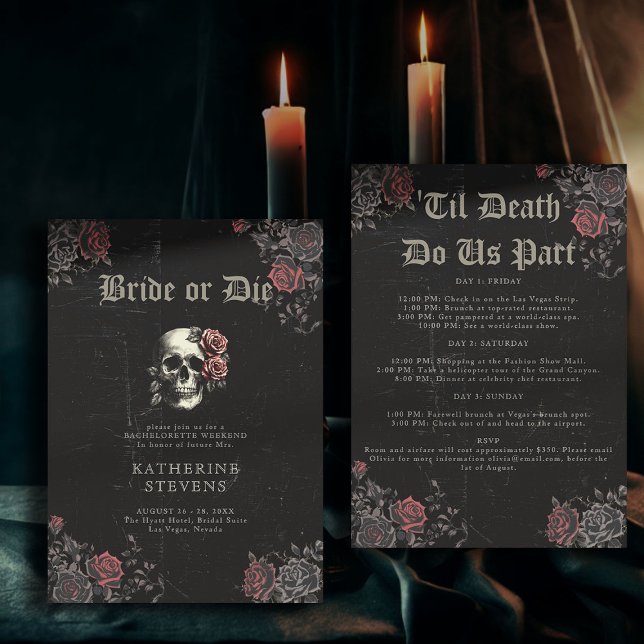 Convite Rosa de Festa de solteira de Caveira Noiva Itinerá (bride or die bachelorette party invitation itinerary moody dark goth gothic til death floral skull)