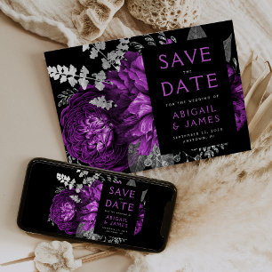 Convite Rosa de Flores Escuras Prateada Casamento Save the