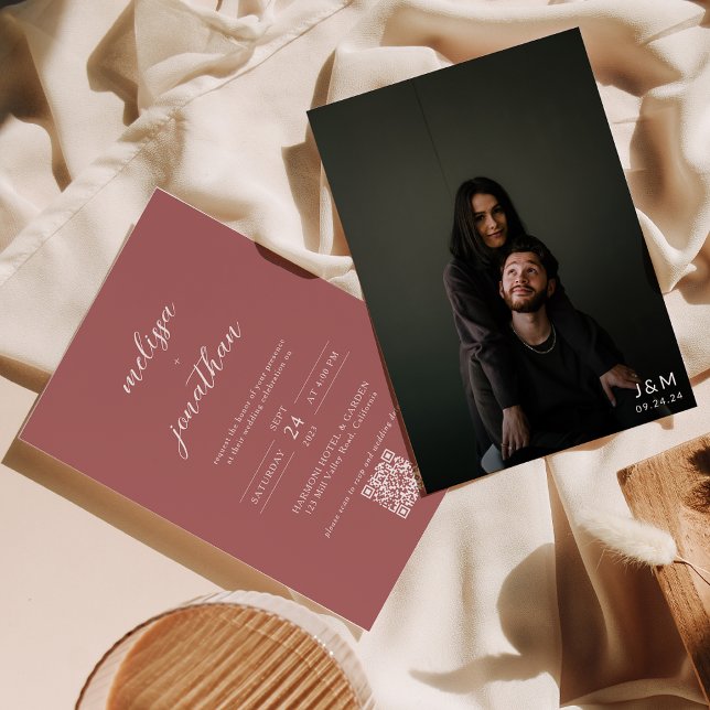 Convite Rosa de Foto Modern Dusty Monograma Código QR Casa (Criador carregado)