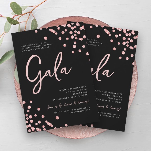 Convite Rosa de Gala Formal Dourada Confetti Preto (Formal Corporate Gala Rose Gold Confetti Black Invitation)