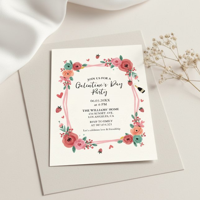Convite Rosa de Galentines Day Party Floral (Floral Party Invite)
