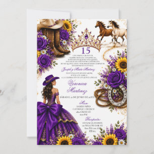 Convite Rosa de Girassol Roxo Vaquera Quinceañera 