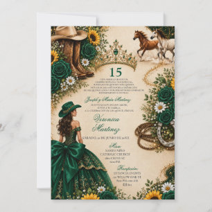 Convite Rosa de Girassol Verde Esmeralda Vaquera Quinceañe