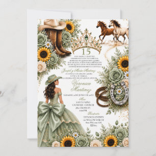 Convite Rosa de Girassol Verde Salvia Vaquera Quinceañera 