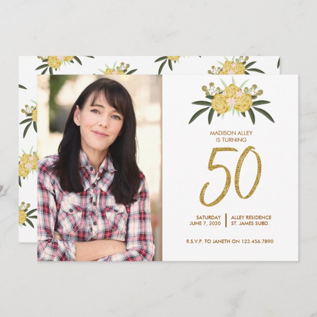 Convite Rosa de Glitter Dourado e Folhas Botânicas 50º Ani (Frente/Verso)