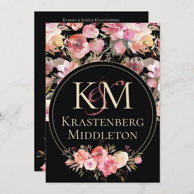 Convite Rosa de inverno do Monograma do Casamento Moody Es (Frente/Verso)
